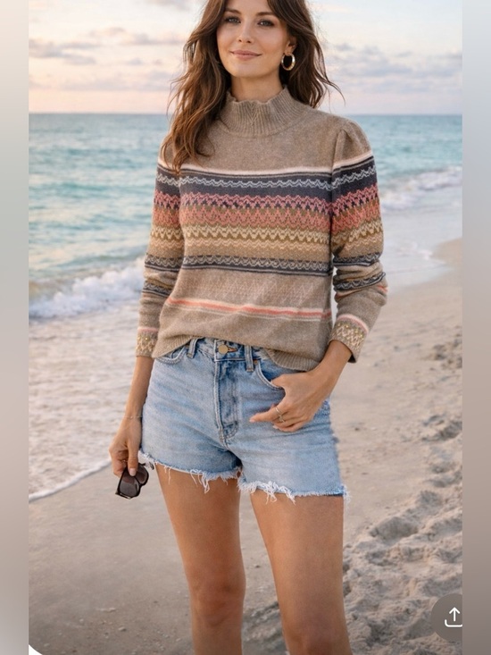 Anthropologie Sweaters - Anthropologie Taupe Fair Isle Mock-Neck Sweater with Pink and Brown Accents XS